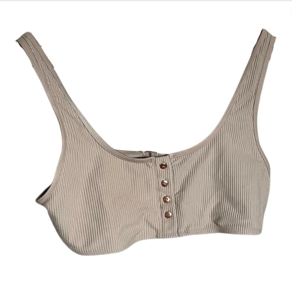 Frankies Bikinis tan ribbed tank henley bikini top size large